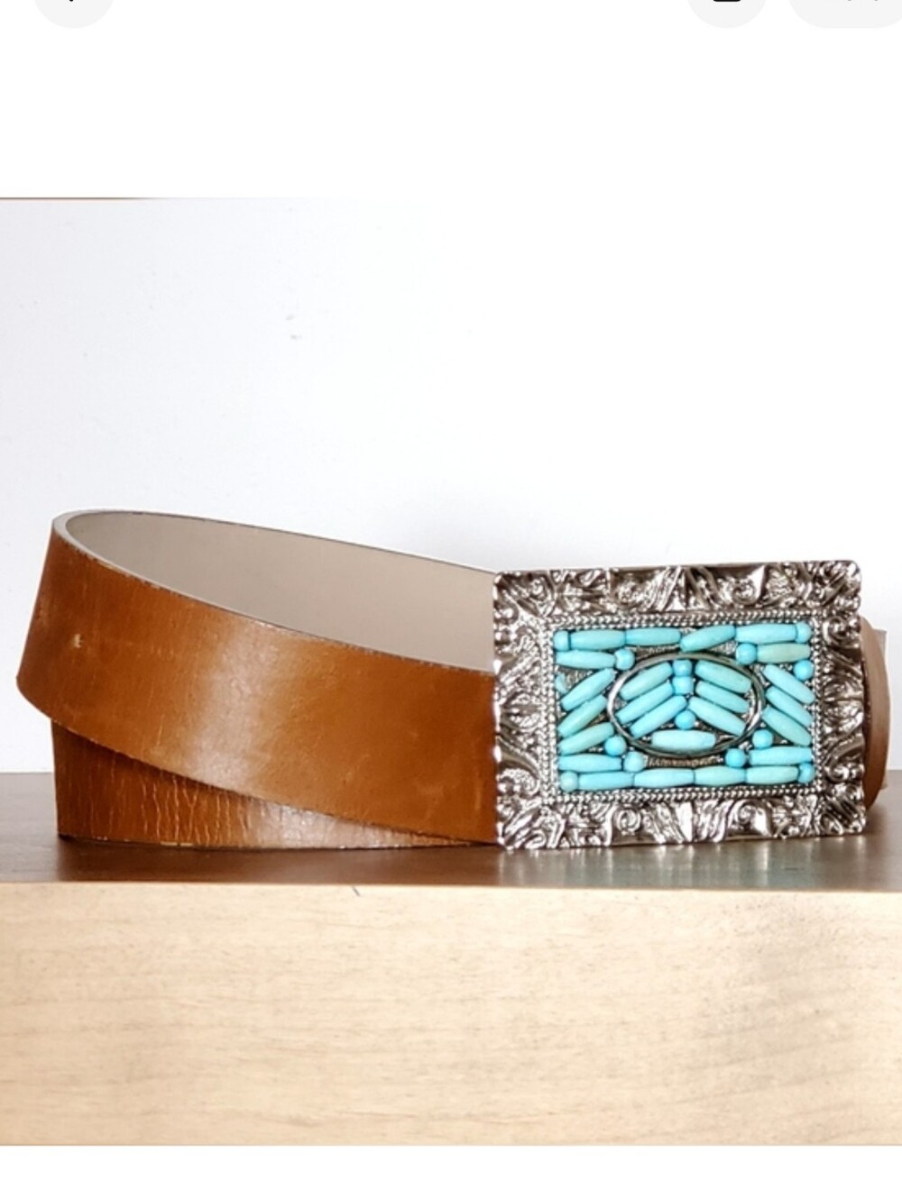Streets Ahead Western Turquise Bead Ornate Silver Buckle Brown Leather Belt Lg